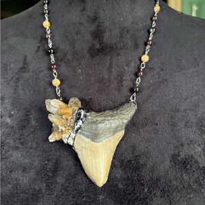 Fossil megalodon Shark Tooth Necklace with Beaded Chain handmade statement Jewel